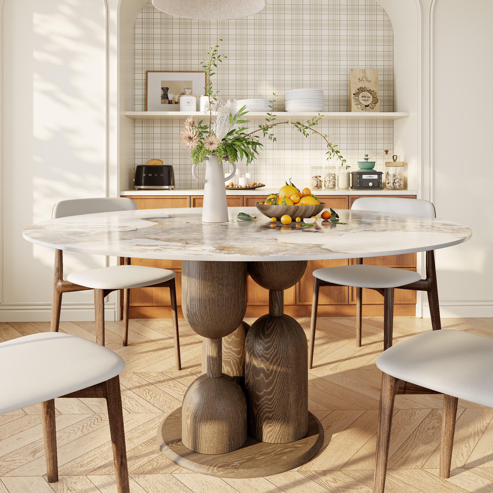 Solenne Dark Walnut Solid Wood Pedestal Round Dining Table With Pandor ...