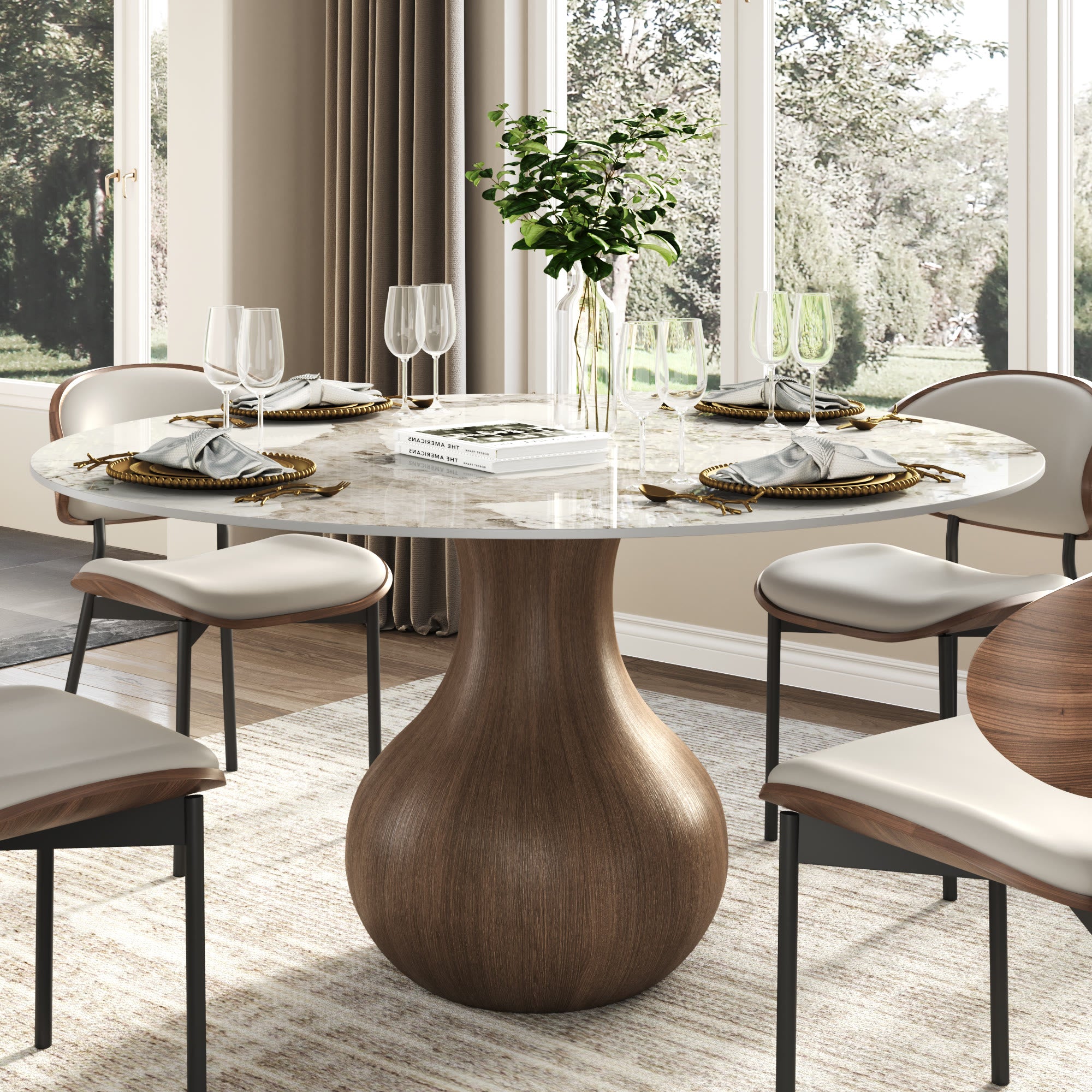 Centria Dark Walnut Round Solid Wood Pedestal Dining Table with Pandor ...