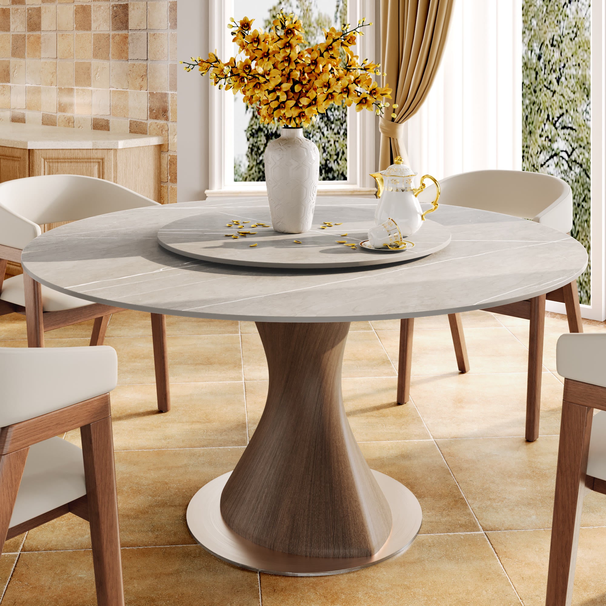 Verona Dark Walnut Round Solid Wood Pedestal Dining Table with Gray St ...