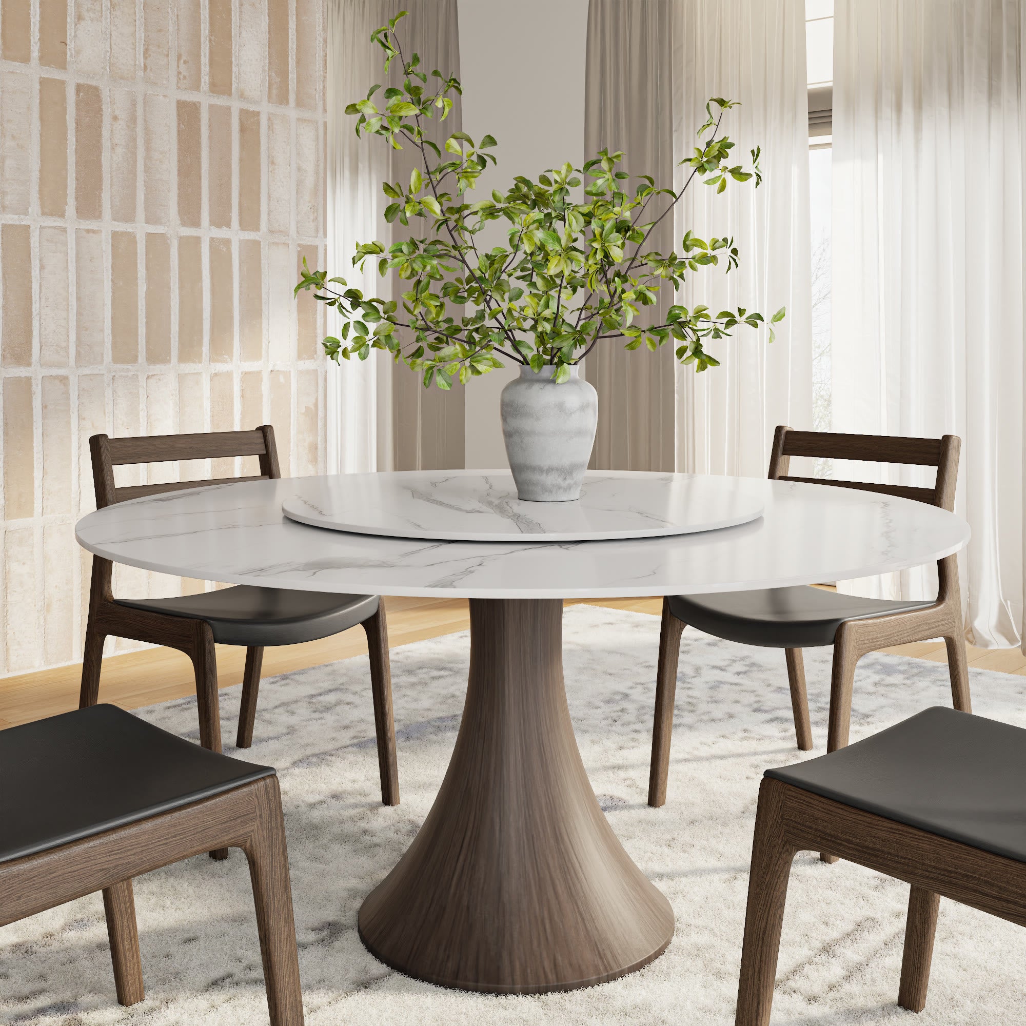 Aurelia Dark Walnut Round Solid Wood Pedestal Dining Table with Snow W ...