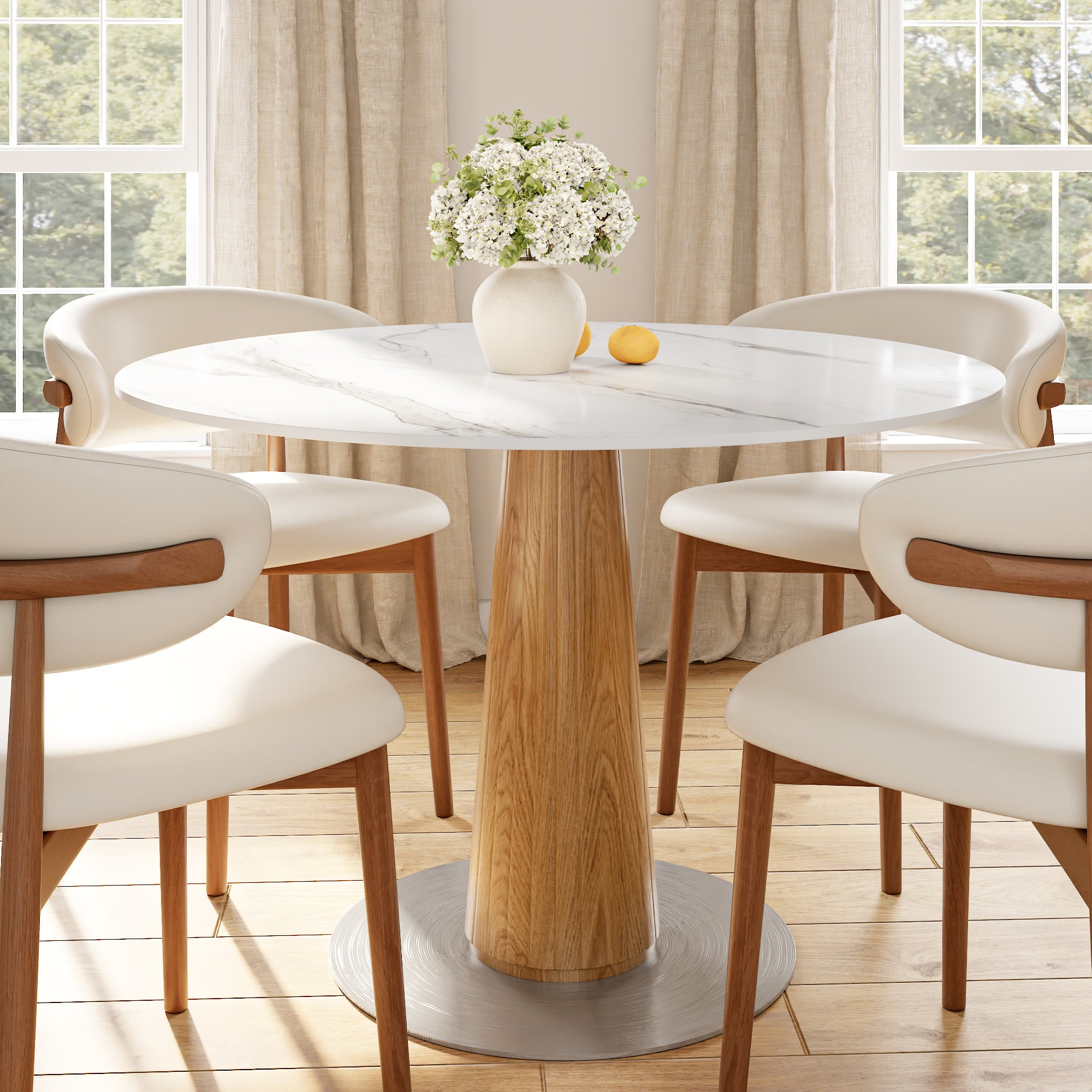 Oak Solid Wood Tapered Pedestal Round Dining Table with Snow White Sto ...