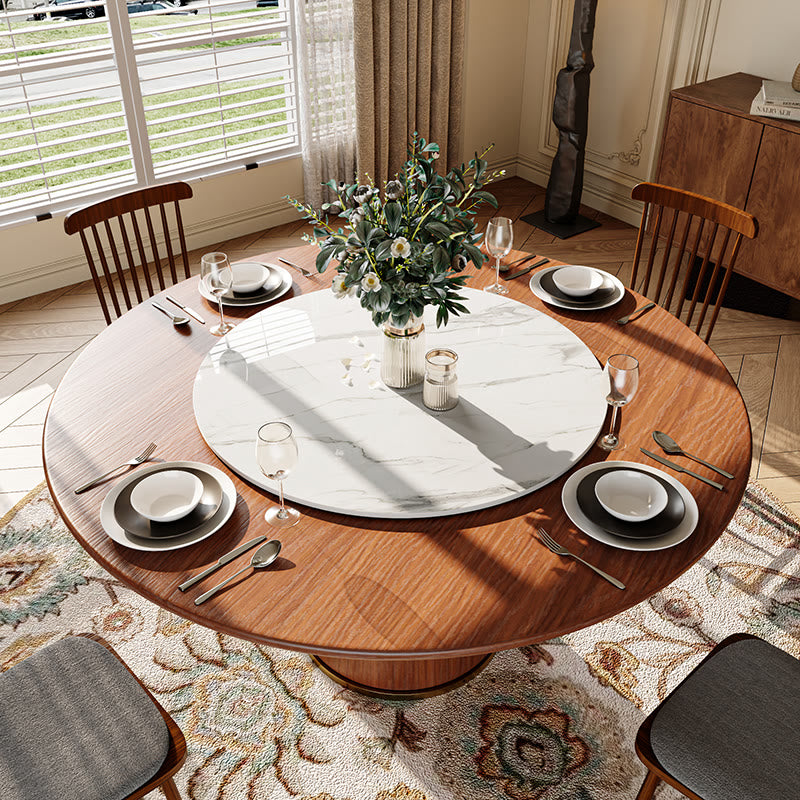 Stone Turntable Wood Top Round Dining Table With Bucket Base