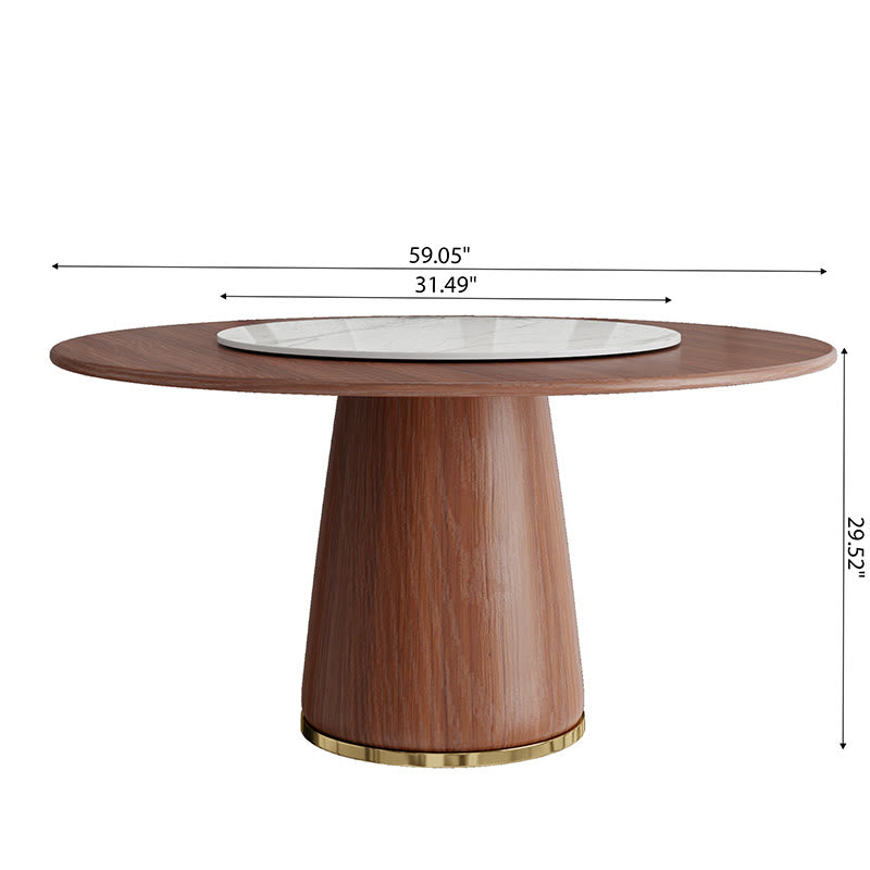 Stone Turntable Wood Top Round Dining Table With Bucket Base