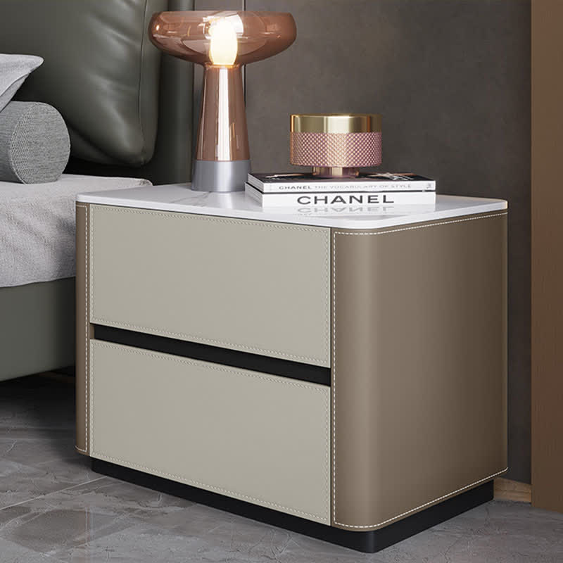 Saddle Leather Nightstand Side Table Stone Top  - 2x Brown - image 2