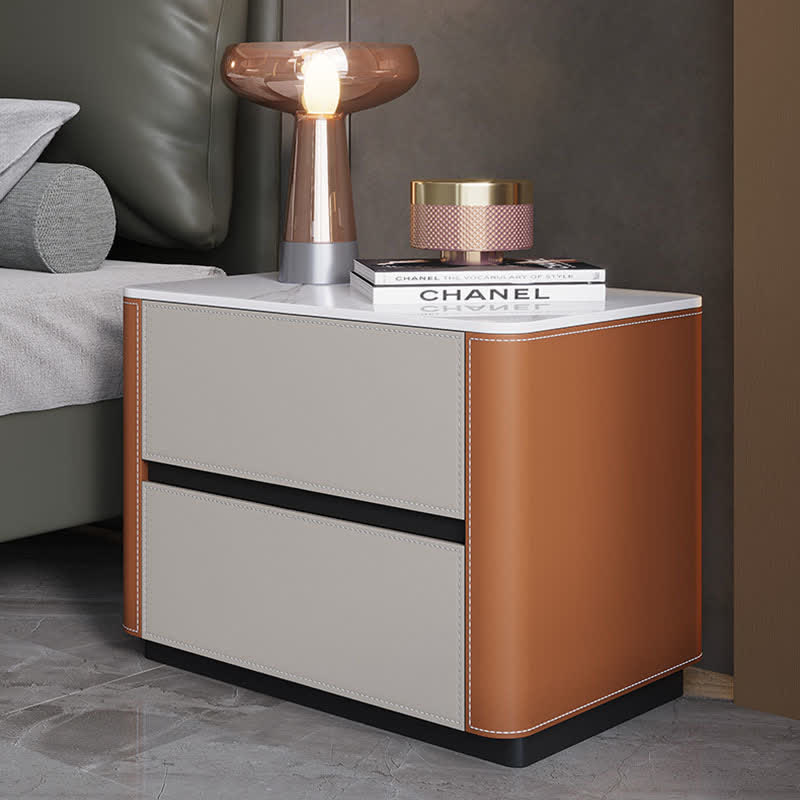 Saddle Leather Nightstand Side Table Stone Top  - 2x Orange - image 1