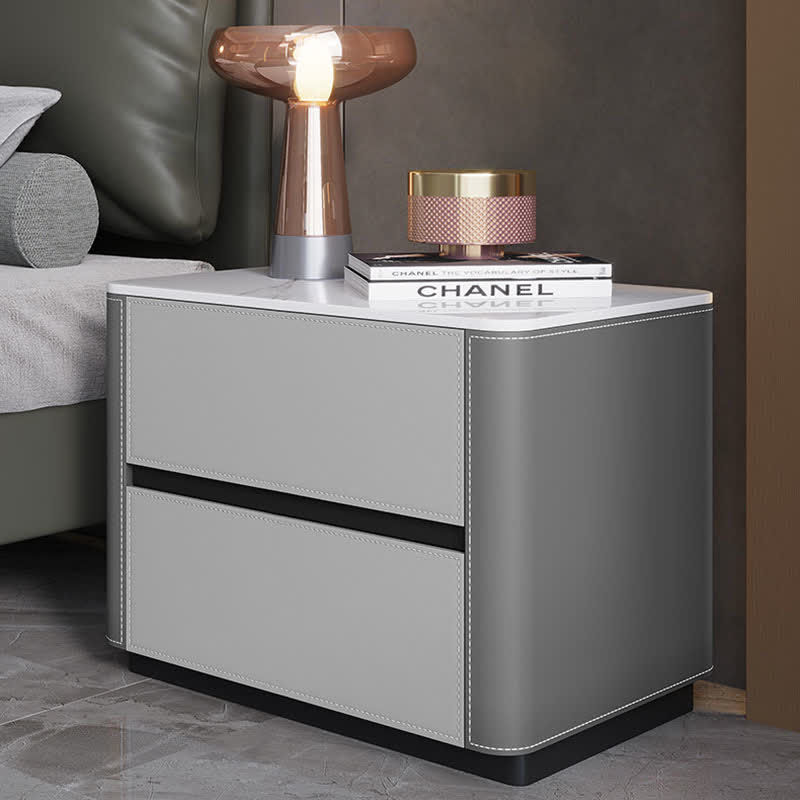 Saddle Leather Nightstand Side Table Stone Top  - image 11