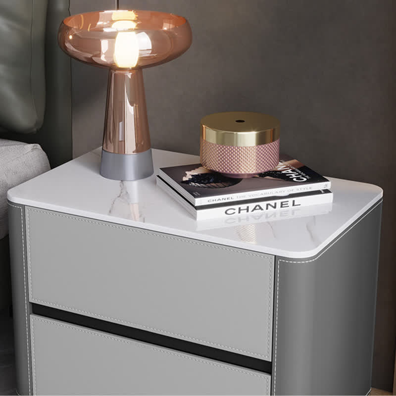 Saddle Leather Nightstand Side Table Stone Top  - image 5