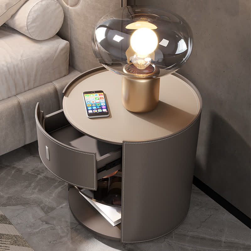 Saddle Leather Nightstand Round Bedside Table - image 6