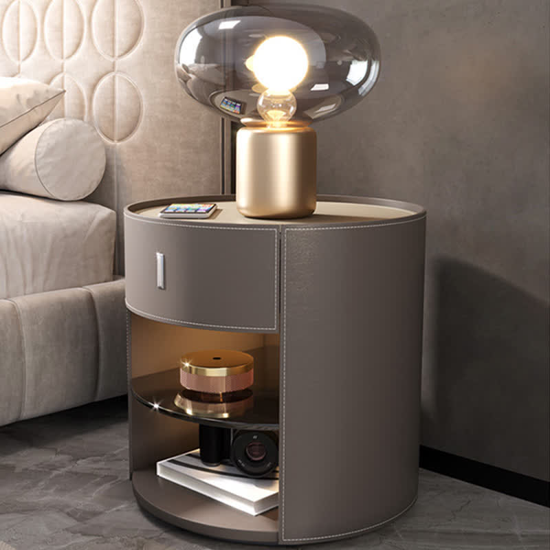 Saddle Leather Nightstand Round Bedside Table - image 10