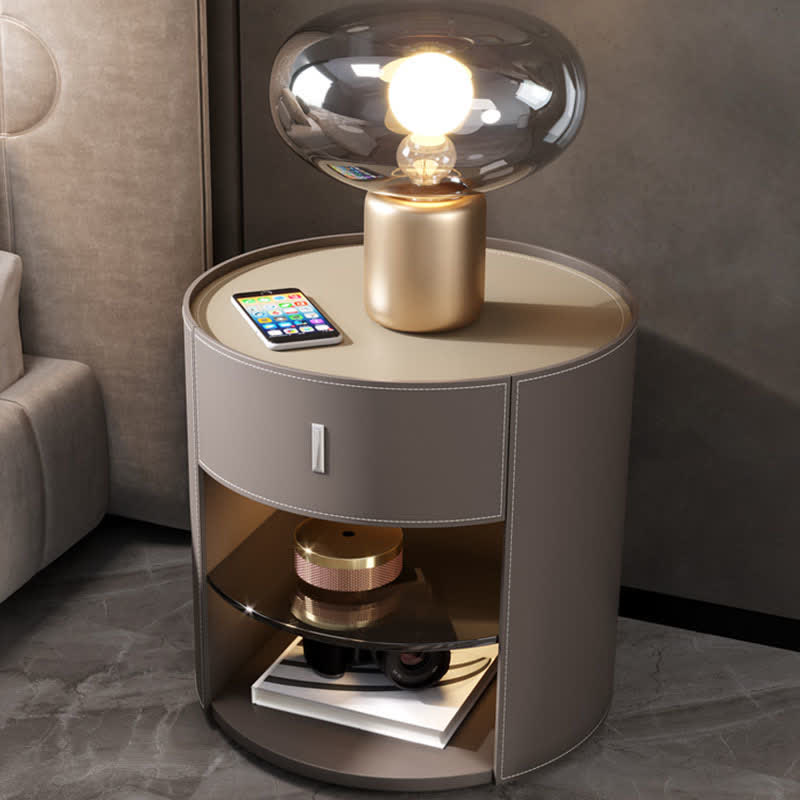 Saddle Leather Nightstand Round Bedside Table - image 9