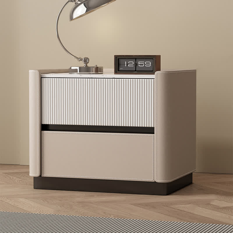 Saddle Leather Side Table Stone Top - 2x Khaki - image 0