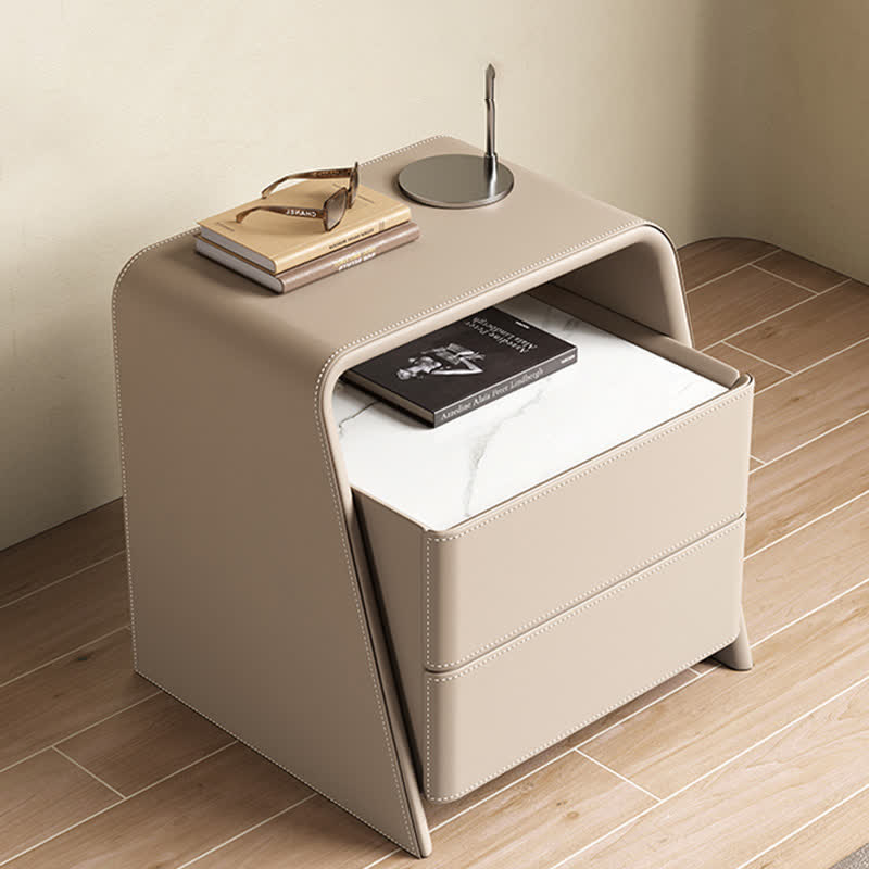 Stone Tabletop Nightstand Saddle Leather Cabinet Shelf - image 7