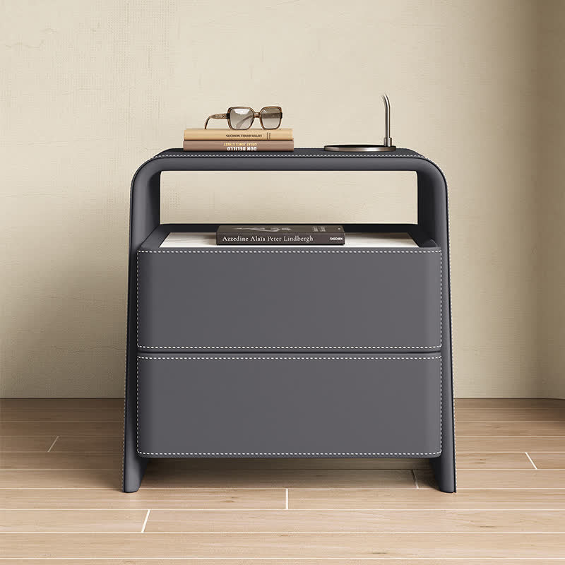 Stone Tabletop Nightstand Saddle Leather Cabinet Shelf - 2x Gray - image 3