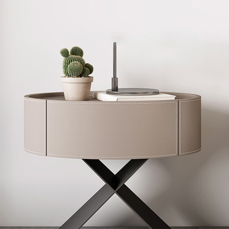 Saddle Leather Nightstand Round Bedside Table - image 4