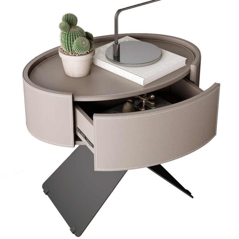 Saddle Leather Nightstand Round Bedside Table - image 3