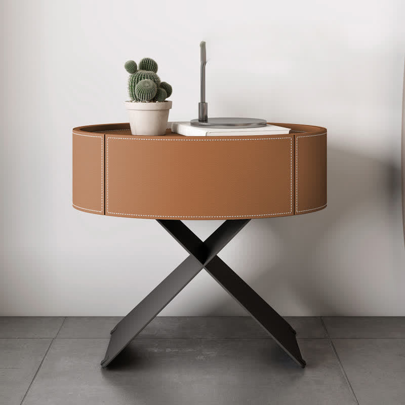 Saddle Leather Nightstand Round Bedside Table - 2x Orange - image 0