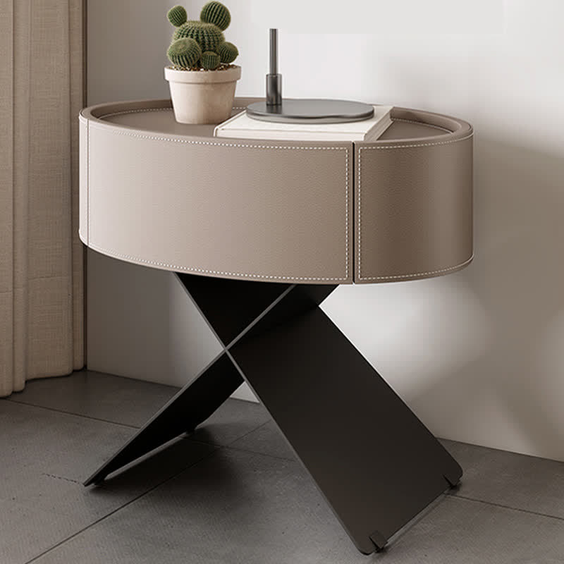 Saddle Leather Nightstand Round Bedside Table - image 1