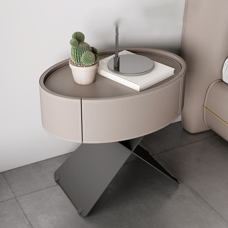 Saddle Leather Nightstand Round Bedside Table - image 3