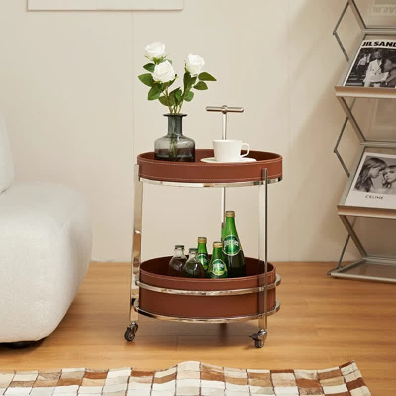 Saddle Leather Shelf Movable Carts Side Tables  - 2x Brown - image 0