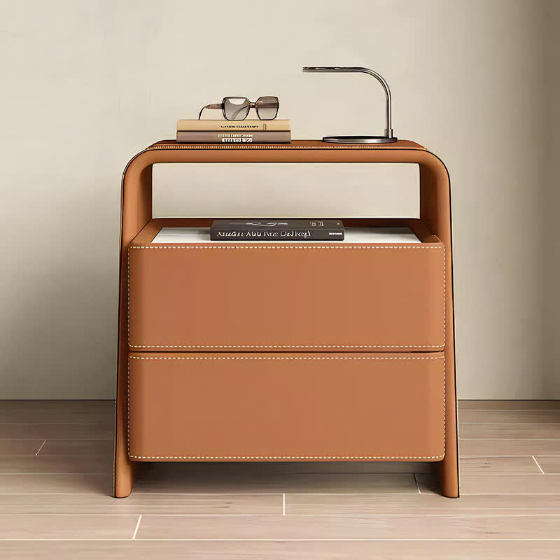 Stone Tabletop Nightstand Saddle Leather Cabinet Shelf - 2x Orange - image 2