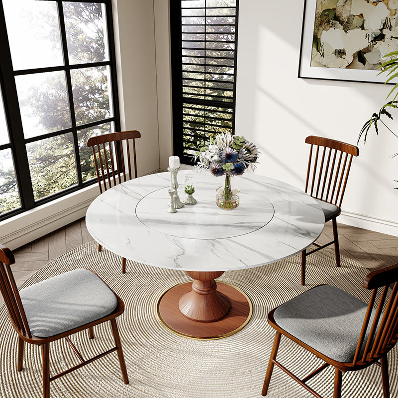 Stone Dining Table Solid Wood Pedestal With Embed Lazy Susan