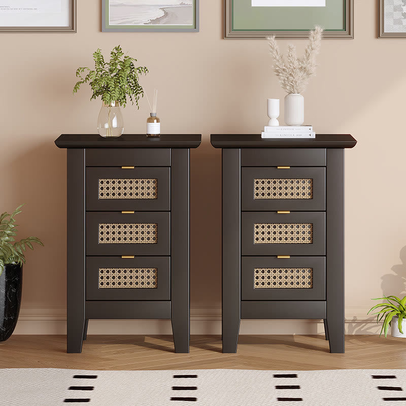 Medieval Style Wooden Rattan Drawer Nightstand - 2x Black - image 12