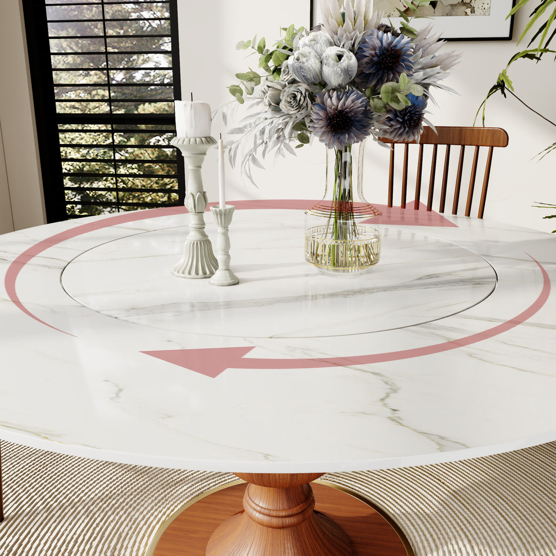 Stone Dining Table Solid Wood Pedestal With Embed Lazy Susan