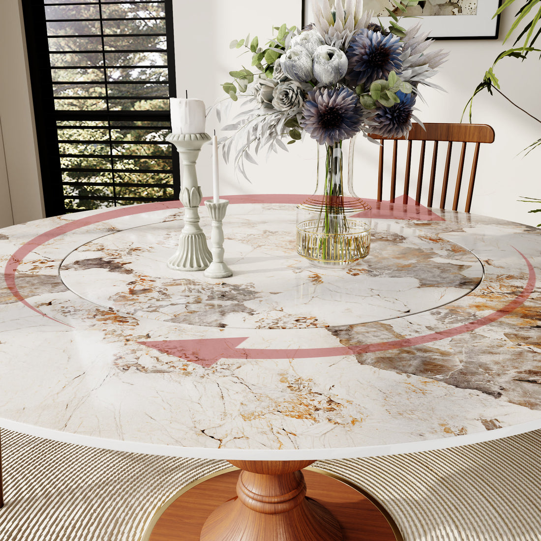 Stone Dining Table Solid Wood Pedestal With Embed Lazy Susan