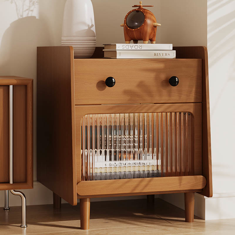Solid Wood Glass Door Bedside Table - 2x Khaki - image 0