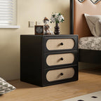 Rattan Nightstand Solid Wood Bedside Table - 2x Black - image 0