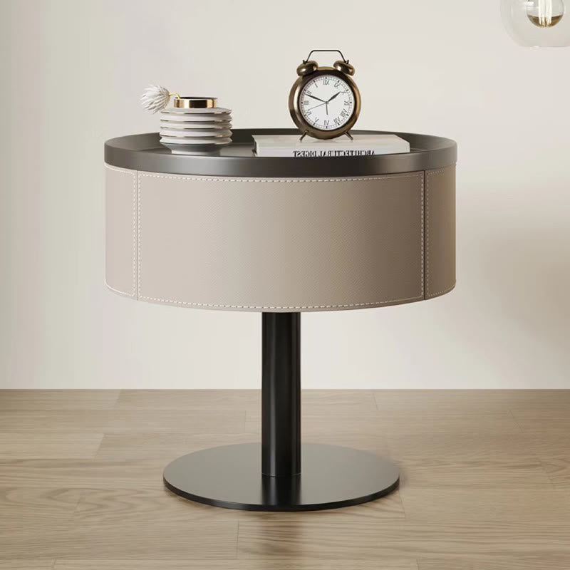 Saddle Leather Round Bedroom Bedside Table - 2x Khaki - image 1