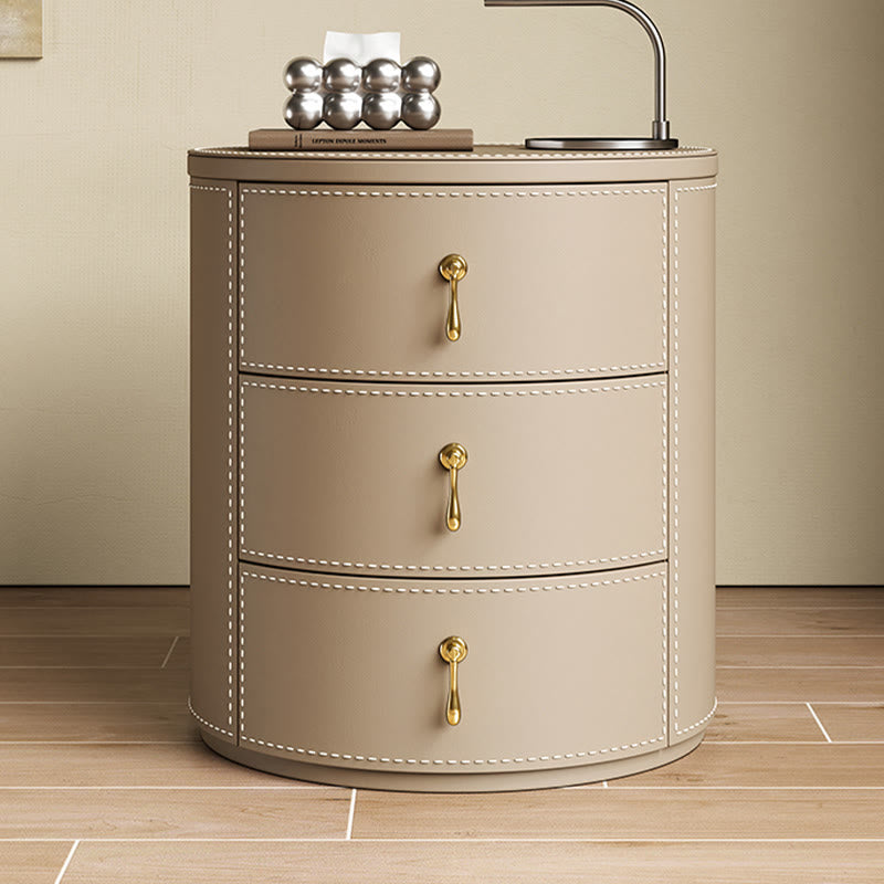 Saddle Leather Round Three-drawer Bedside Table - 2x Light Khaki - image 0
