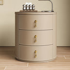 Saddle Leather Round Three-drawer Bedside Table - 2x Light Khaki - image 0