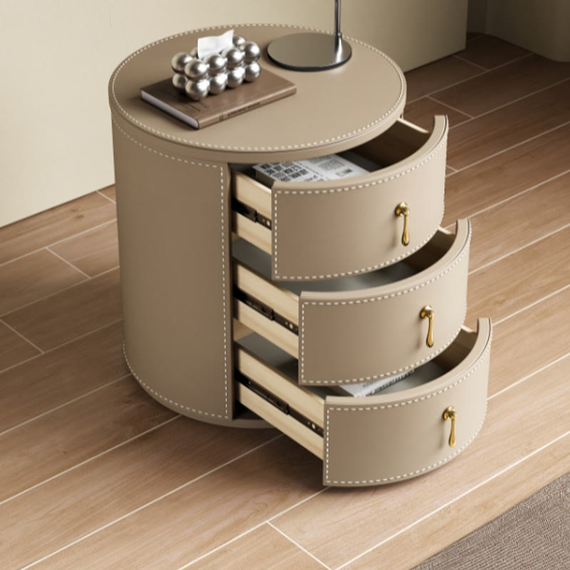 Saddle Leather Round Three-drawer Bedside Table - image 2