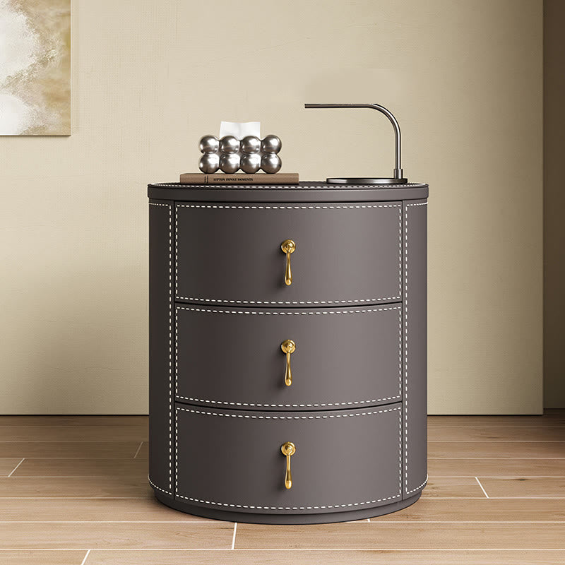 Saddle Leather Round Three-drawer Bedside Table - 2x Grey - image 3