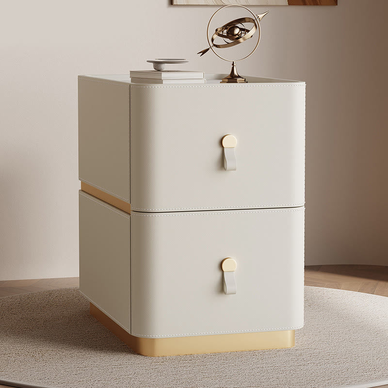 Saddle Leather Modern Narrow Bedside Cabinet - 2x Beige - image 1