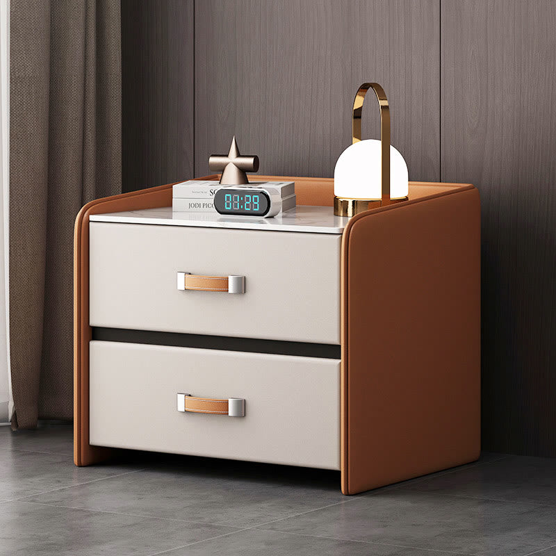 Khaki Saddle Leather Bedside Table With Two Drawers