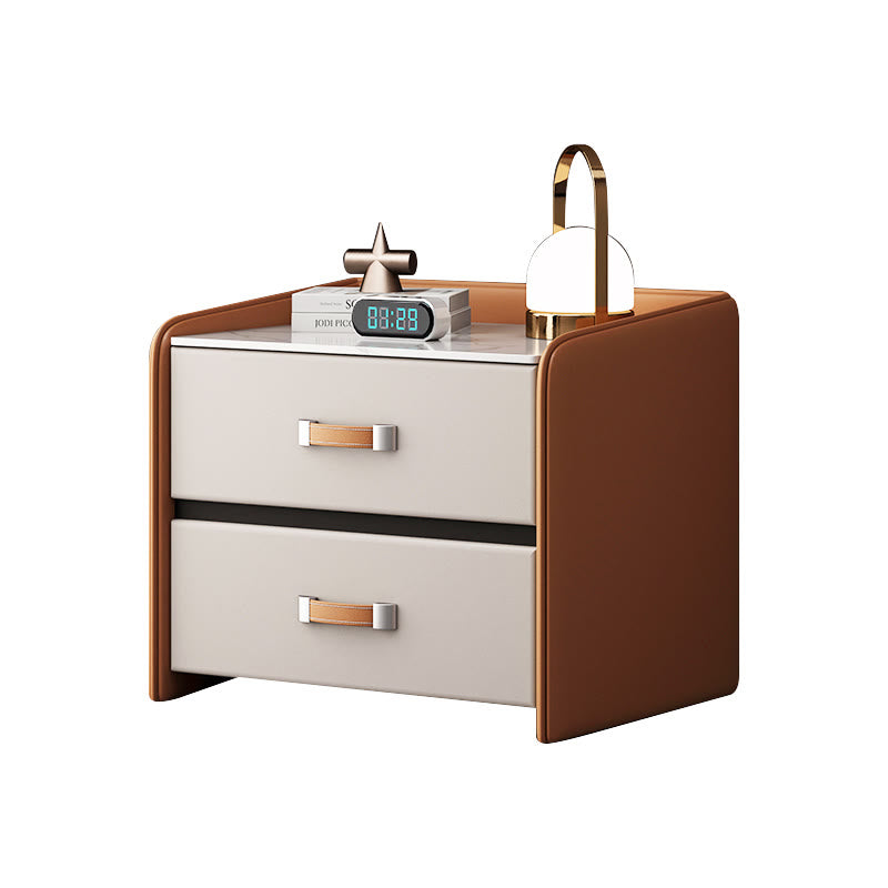 Khaki Saddle Leather Bedside Table With Two Drawers