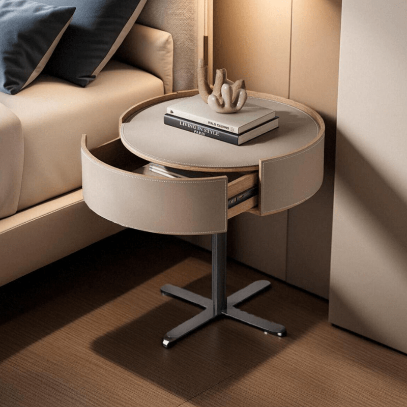 Cross Base Nightstand Saddle Leather Bedside Table