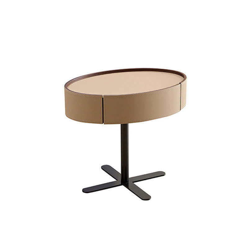 Cross Base Nightstand Saddle Leather Bedside Table - image 1