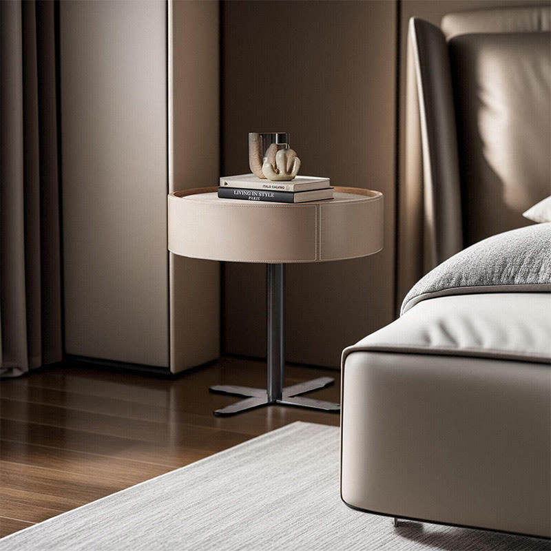 Cross Base Nightstand Saddle Leather Bedside Table - image 2