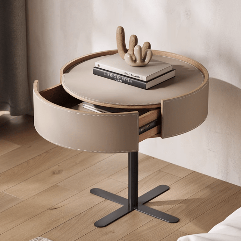 Cross Base Nightstand Saddle Leather Bedside Table - image 3