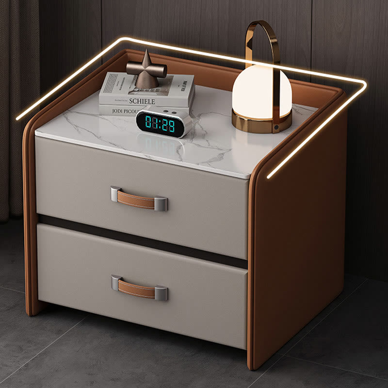 Khaki Saddle Leather Bedside Table With Two Drawers - image 4