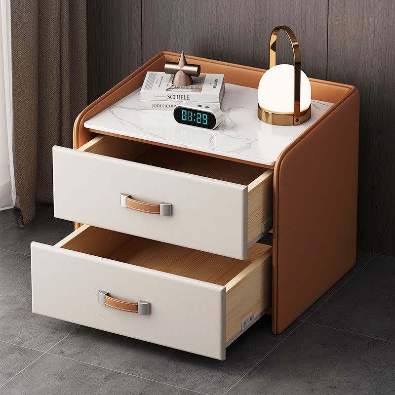 Khaki Saddle Leather Bedside Table With Two Drawers