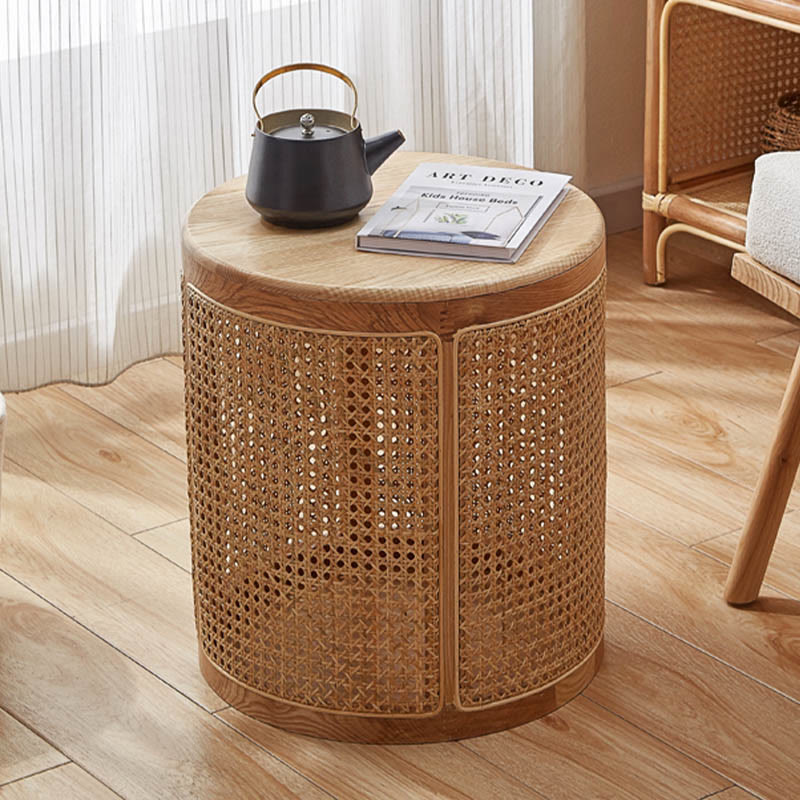 Rattan Solid Wood Round Storage Side Table