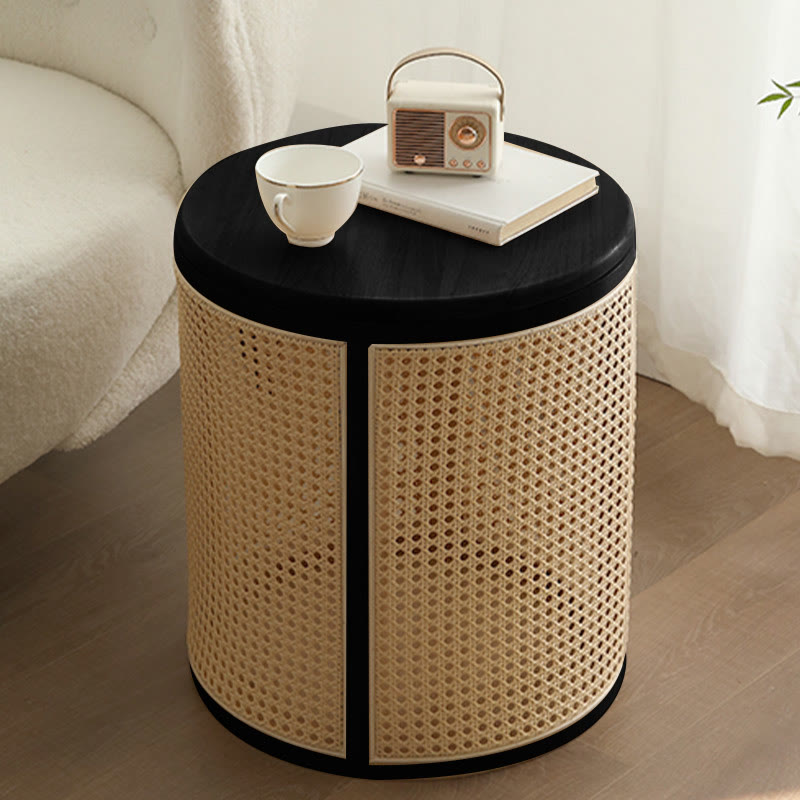 Rattan Solid Wood Round Storage Side Table