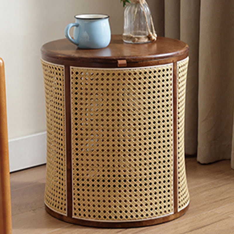 Rattan Solid Wood Round Storage Side Table