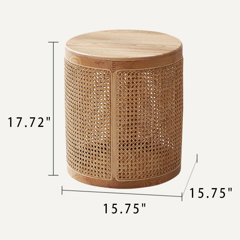 Rattan Solid Wood Round Storage Side Table