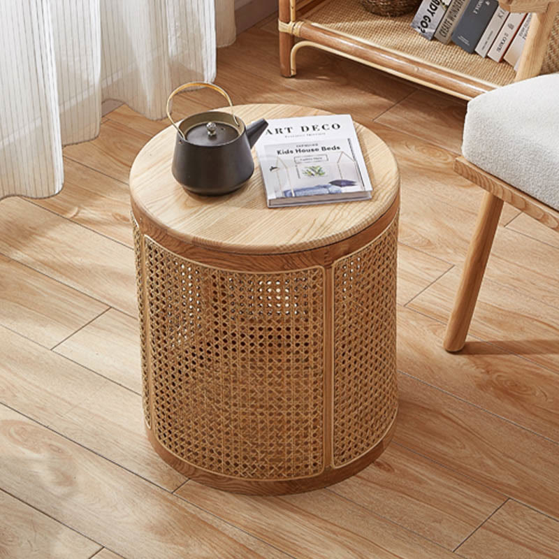 Rattan Solid Wood Round Storage Side Table