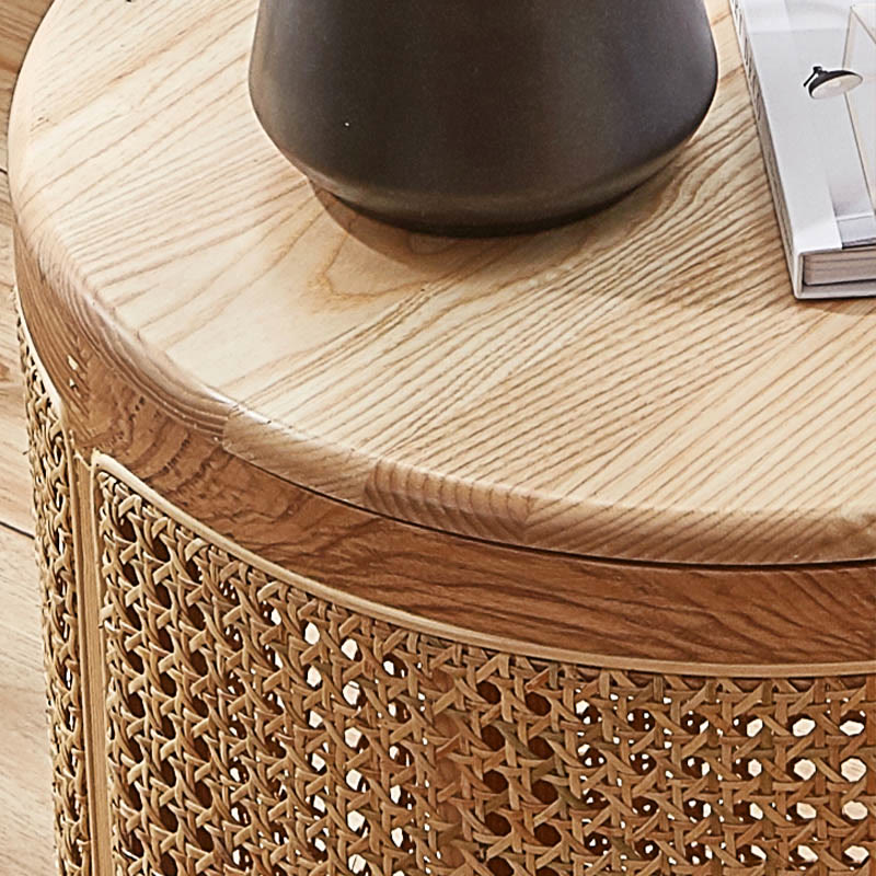 Rattan Solid Wood Round Storage Side Table